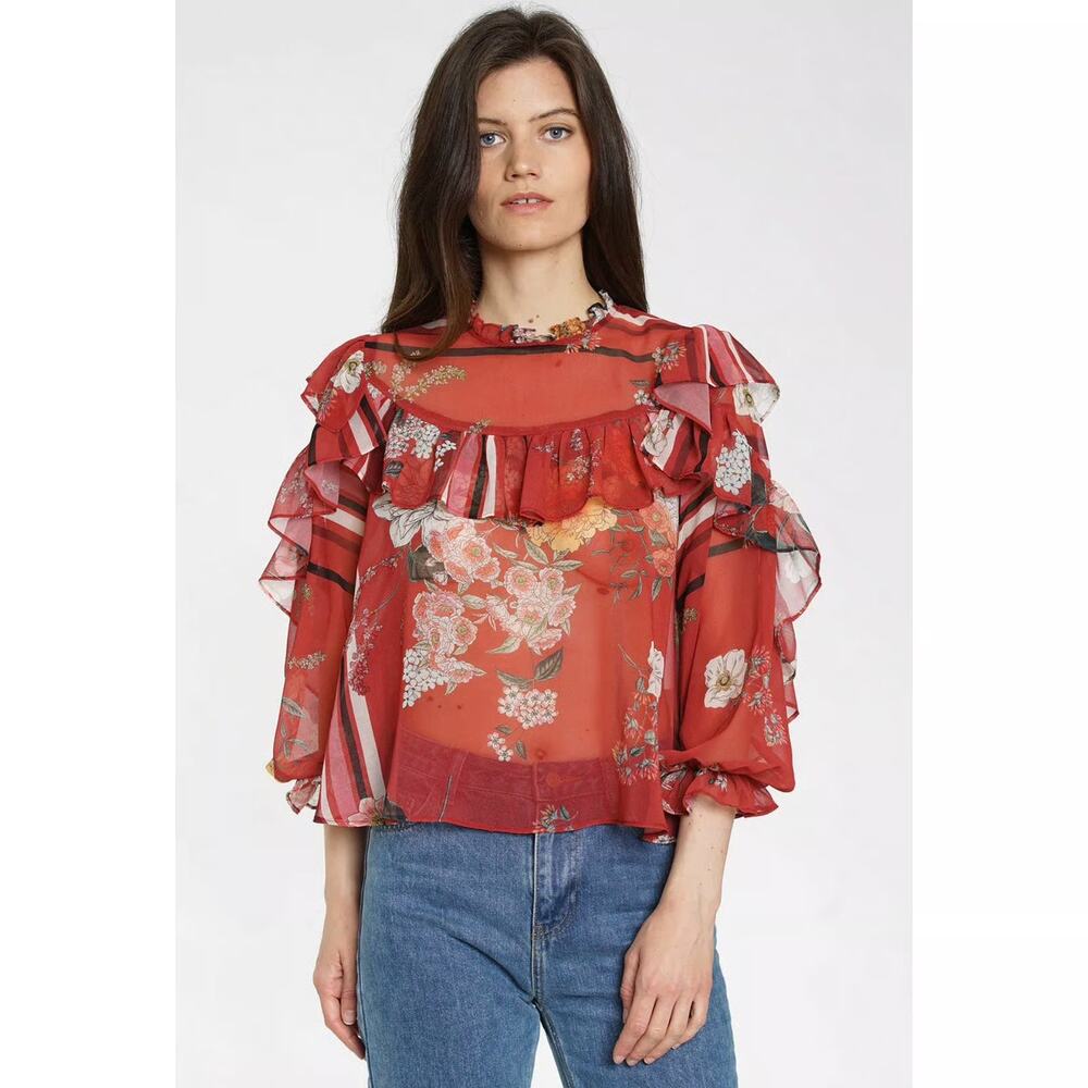 DRA Los Angeles Hazel Red Floral Sheer Ruffle Blouse